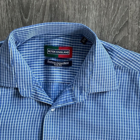 2- Peter England Slim Fit Dress‎ Shirts Casual Plaid Size 39 EUC Blue Red White - Picture 6 of 11